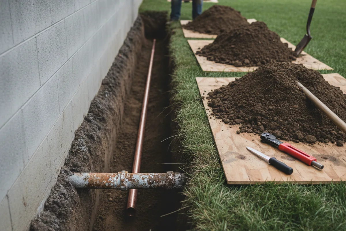 Excavated water line trench during Sewer Line Repair in Kirklin